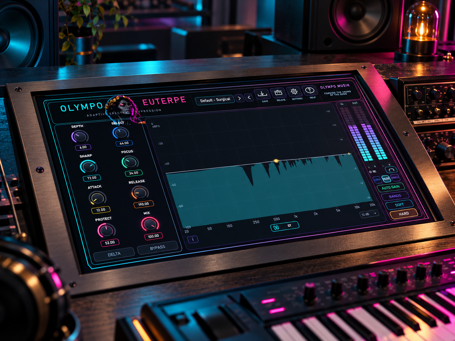 Olympo Euterpe presentado en un estudio musical, con su interfaz VST3 actual