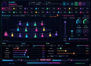 Olympo Harmonia VST3: vista completa con la sección de reverb y delay