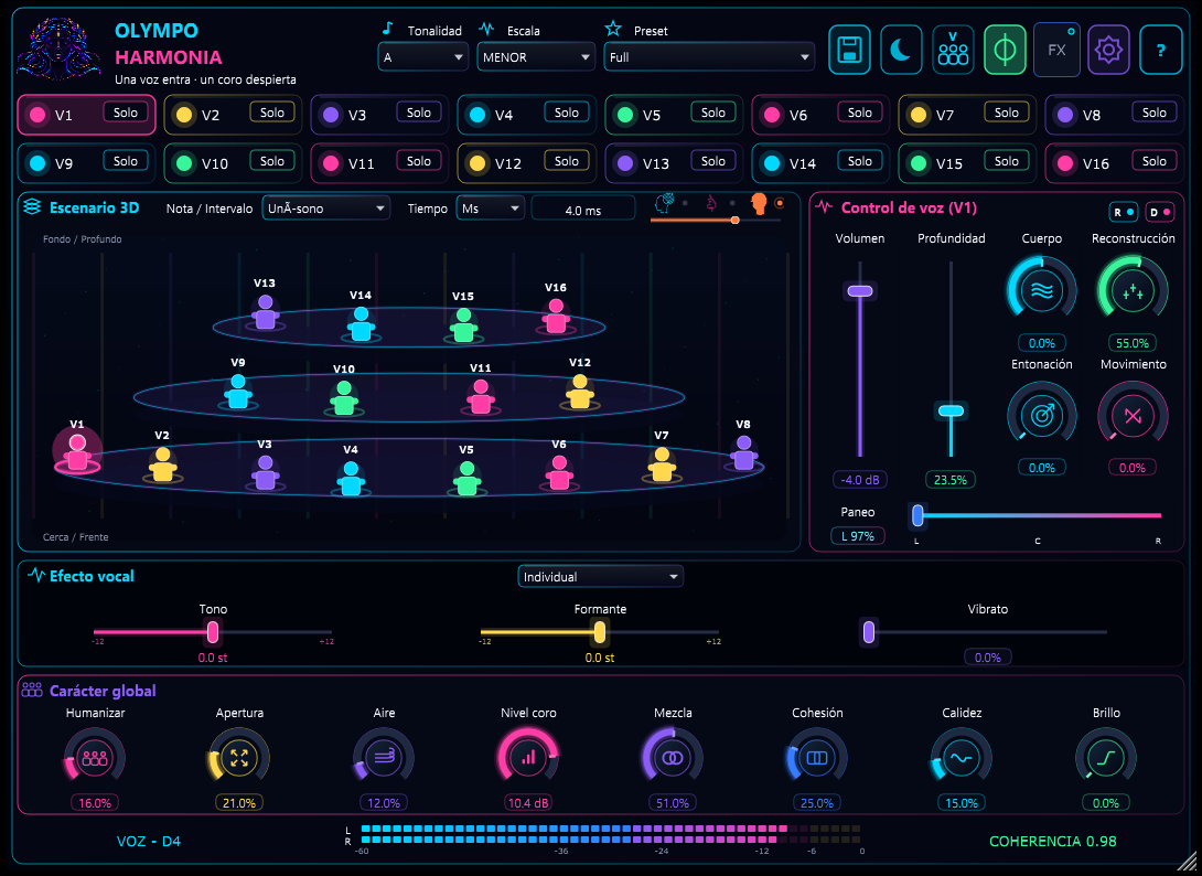 Olympo Harmonia VST3: interfaz completa con escenario 3D y controles vocales