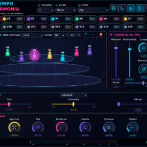Olympo Harmonia: interfaz actual con escenario 3D y controles de voces