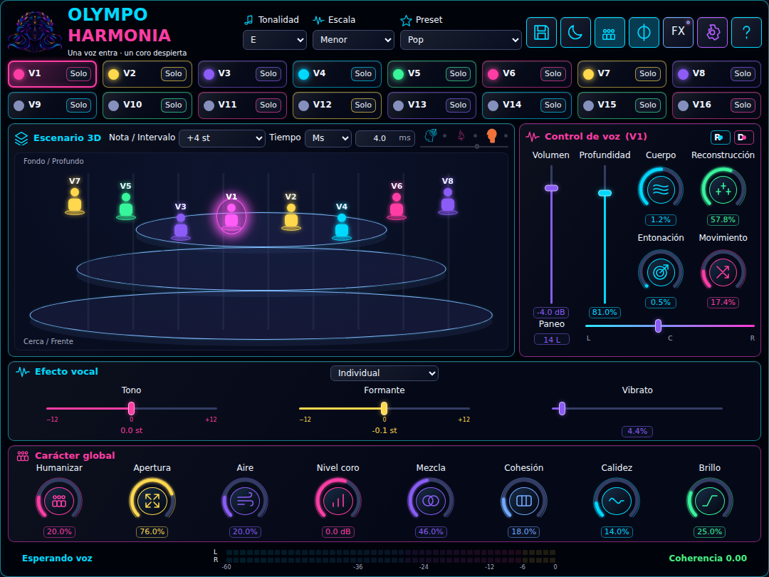 Olympo Harmonia: interfaz actual con escenario 3D y controles de voces