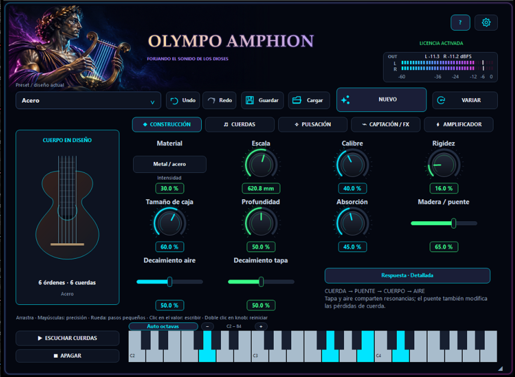 Interfaz de Olympo Amphion, instrumento VST3 de cuerdas por modelado físico, en la sección Construcción