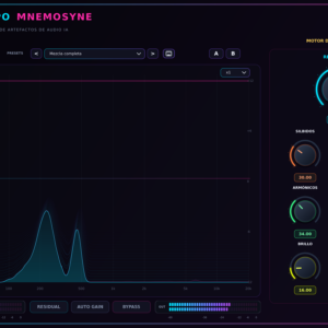 Interfaz del VST3 Olympo Mnemosyne con espectro y controles de restauración