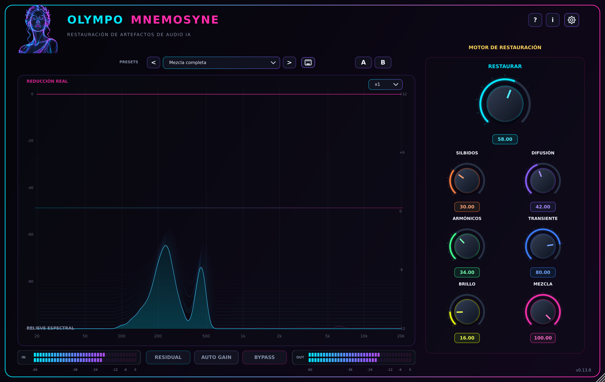 Interfaz del VST3 Olympo Mnemosyne con espectro y controles de restauración